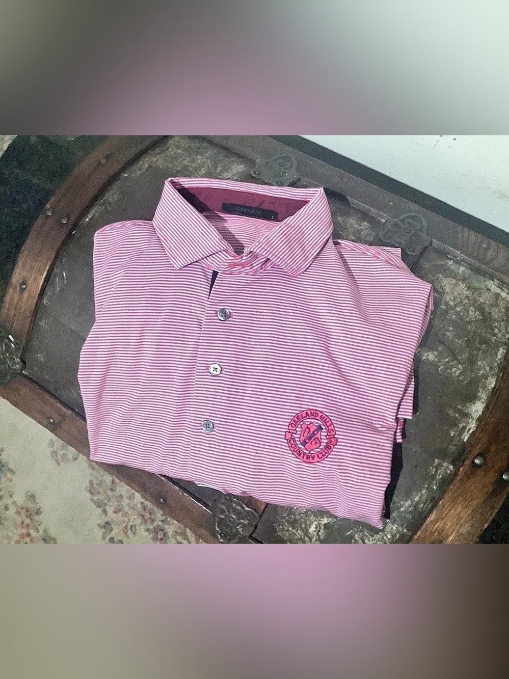 Greyson Striped Polo in Berry & White - Men’s Size Large